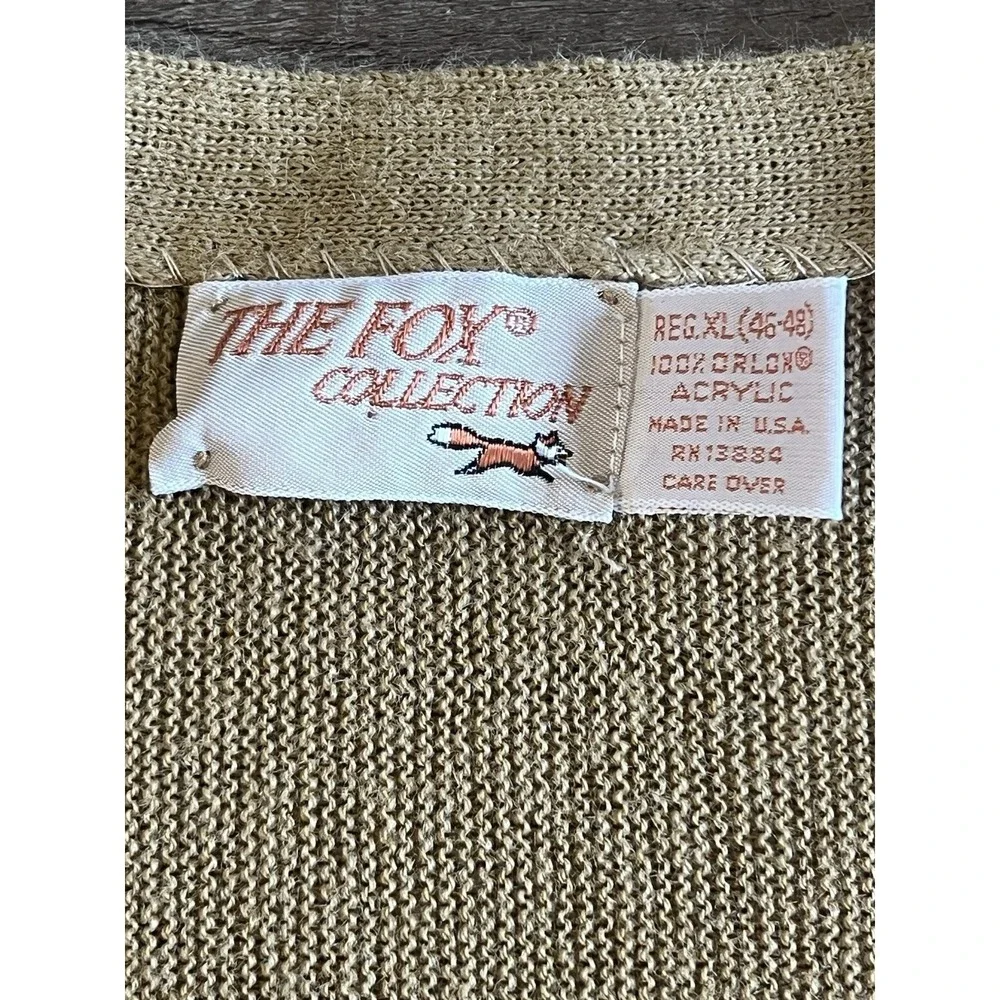 Vtg The Fox Sweater Mens‎ X-Large Camel V Neck Cardigan 80s 70s Grandpa USA A43